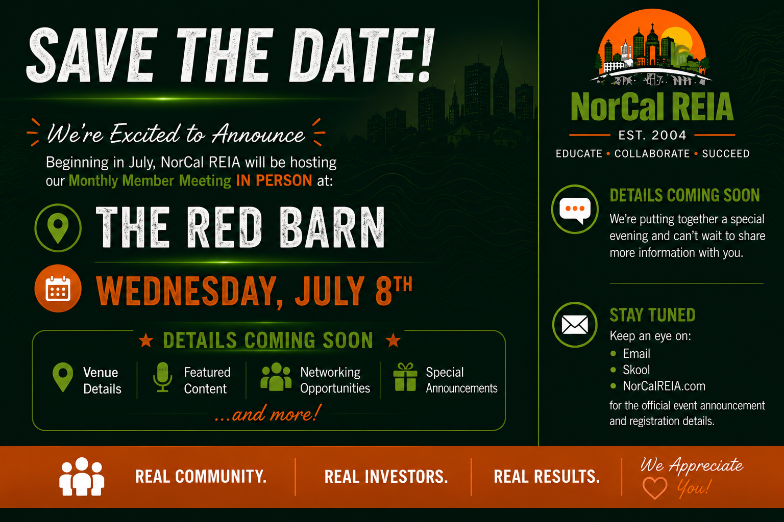 Save the Date — NorCal REIA Monthly Meeting in person at The Red Barn, Rocklin CA, Wednesday July 8th 2026